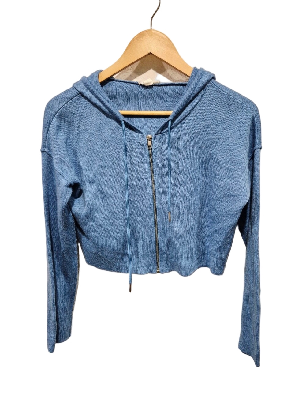 Garage Slate Blue Cropped Knit Full Zip Hoodie Sweater Size XS